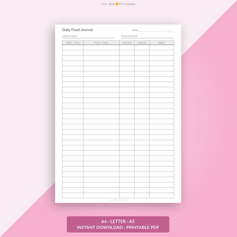 Daily Food Journal Printable, Meal Planner, Food Tracker, Food Log ...