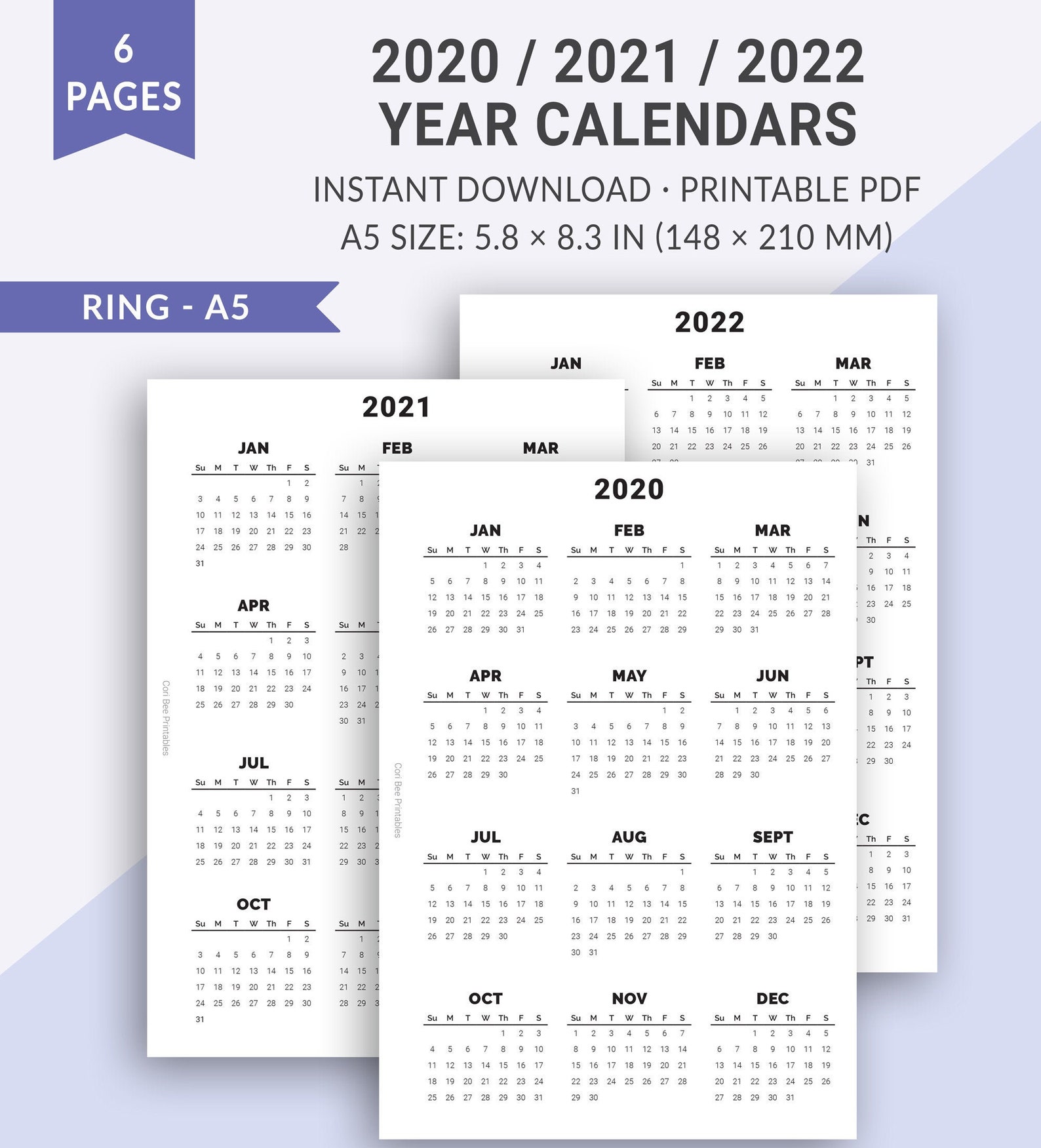 a5 2020 2021 2022 calendar yearly calendar year at a