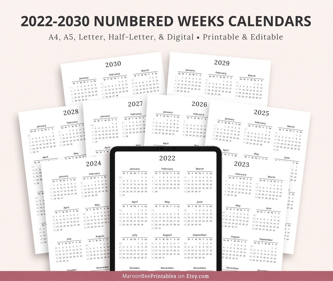 20222030 Numbered Weeks Yearly Calendar, 2022 Printable Calendar