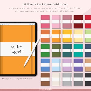 May include: 25 printable elastic band covers with labels. The covers are in various colors and feature a blank label for personalization. The covers are 6 x 8.5 inches (152 x 215 mm).