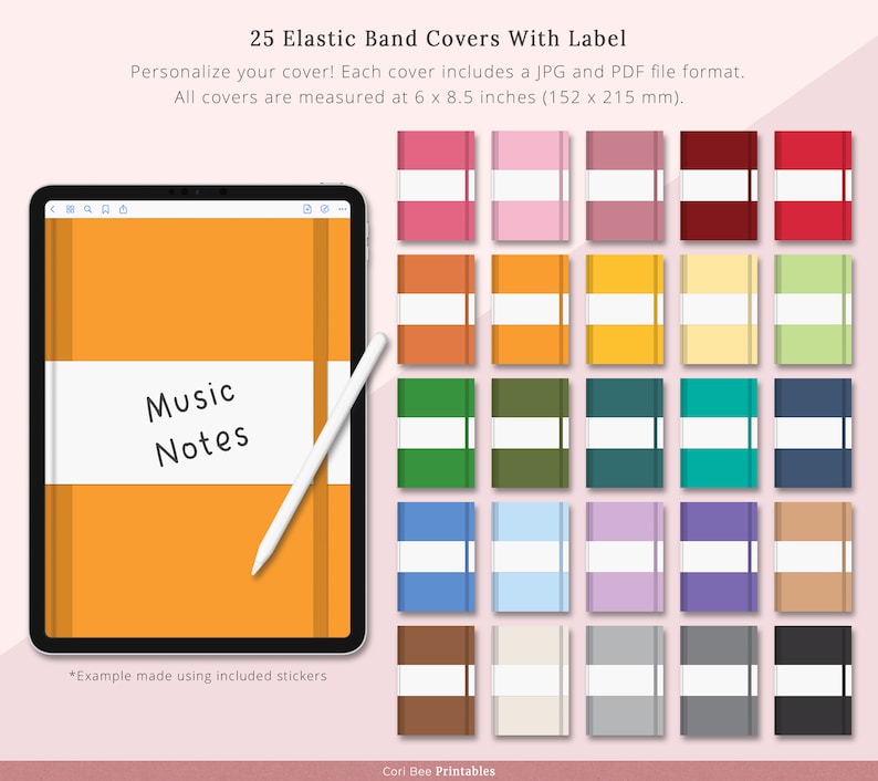 May include: 25 printable elastic band covers with labels. The covers are in various colors and feature a blank label for personalization. The covers are 6 x 8.5 inches (152 x 215 mm).