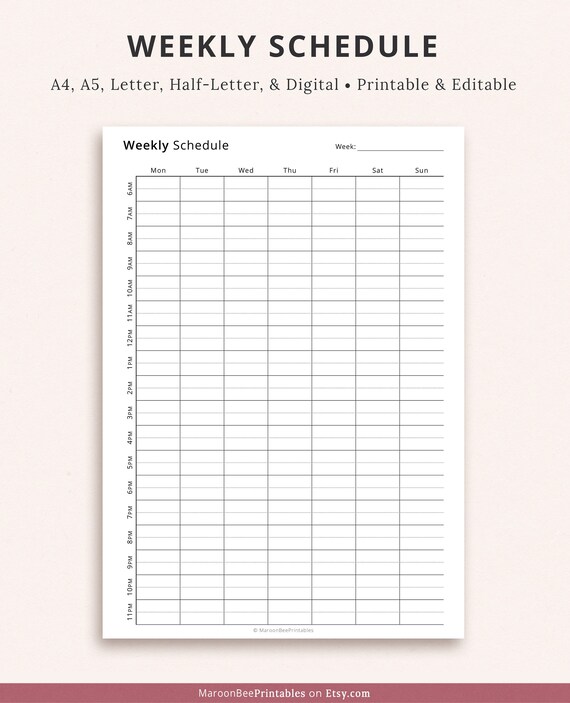 Editable Weekly Schedule Printable Planner Hourly Schedule | Etsy