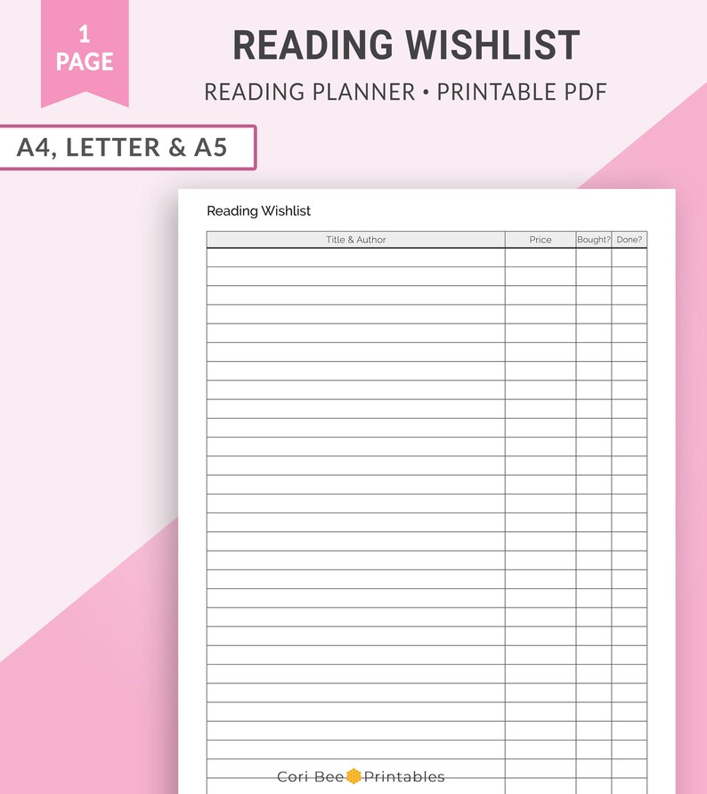 Reading Wishlist, Reading Journal, Book Wish List, Book Journal, Reading Tracker, Reading List, Printable Planner Inserts A4 Letter A5 image 1