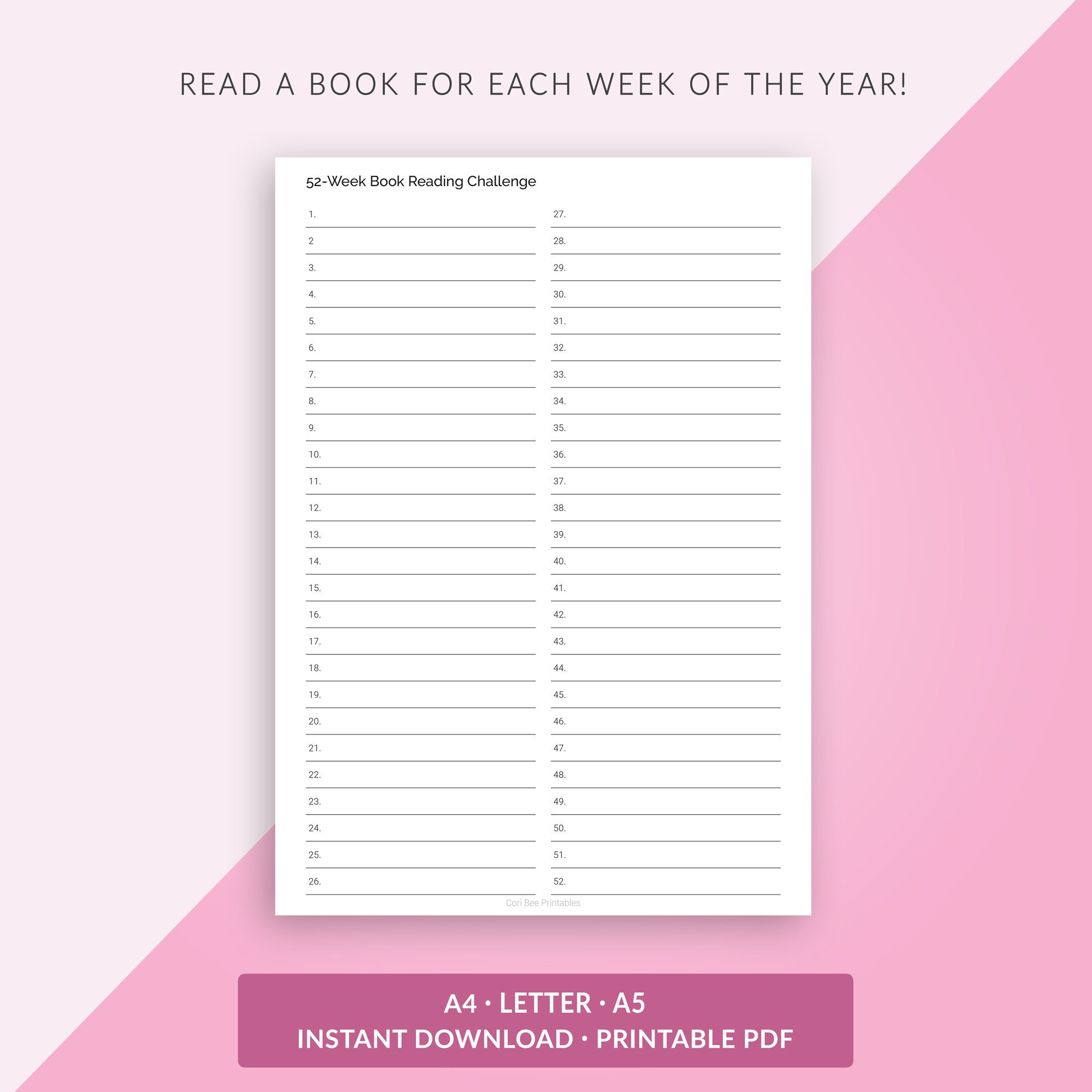 Reading Challenge Tracker 52 Week Reading Tracker Reading Etsy