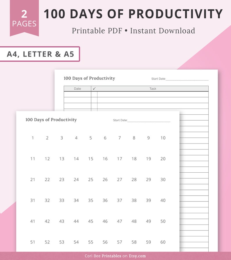 May include: A printable productivity planner with a white background and black text. The planner is divided into two sections. The top section has a space for the start date and a list of tasks. The bottom section has a grid of 100 squares, numbered 1 to 60. The planner is titled "100 Days of Productivity".