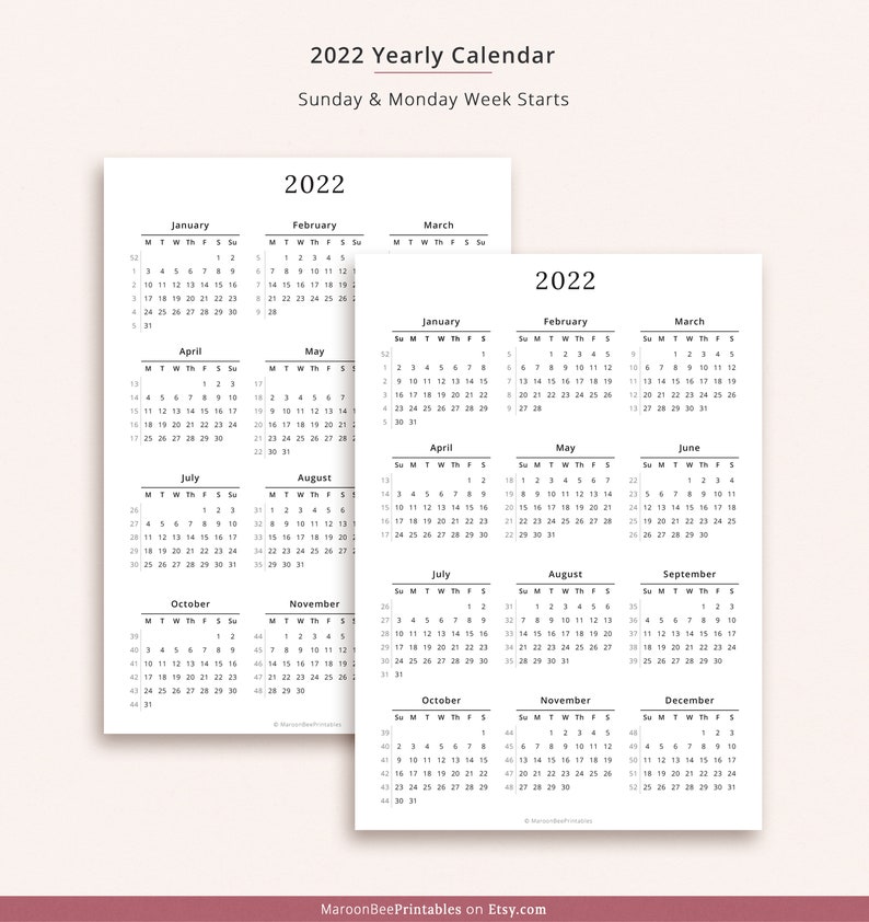 20222030 Numbered Weeks Yearly Calendar, 2022 Printable Calendar