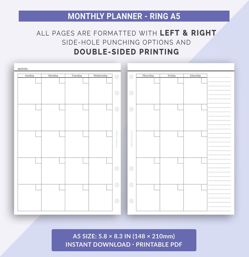 A5 Monthly Planner, Month on 2 Pages, Undated Monthly Printable ...