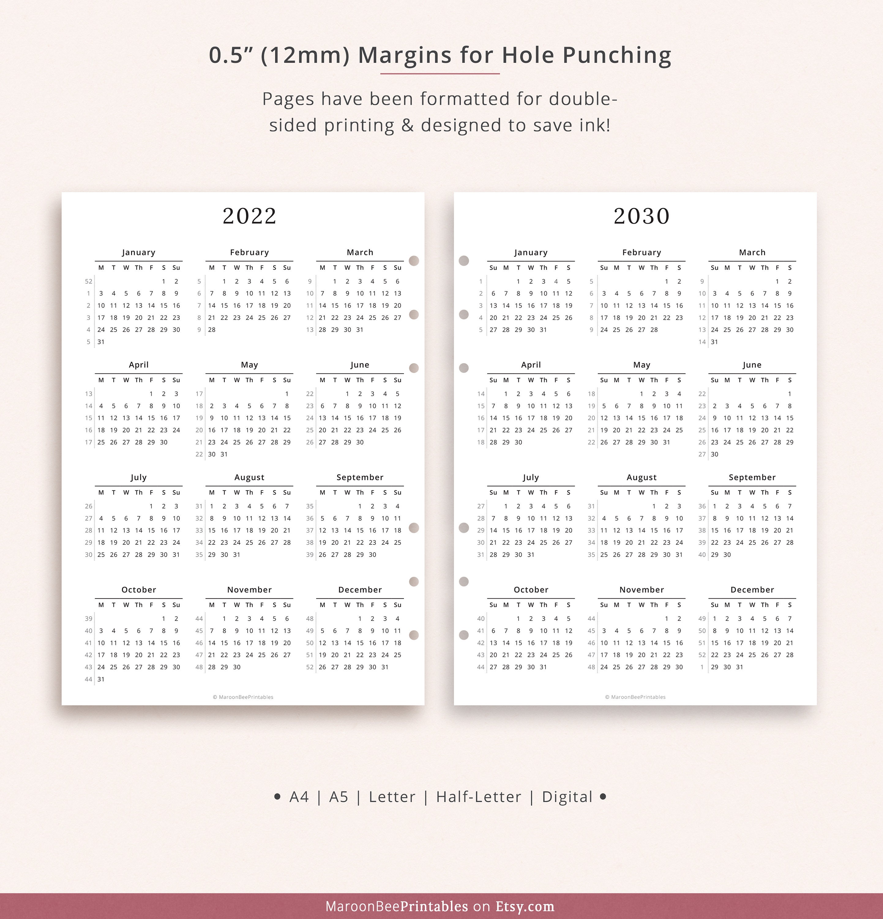 2022-2030 Numbered Weeks Yearly Calendar 2022 Printable - Etsy Sweden