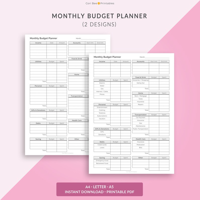 May include: Two printable monthly budget planner pages in black and white. The pages are divided into sections for income, expenses, and savings. The sections are labeled with headings such as "Utilities", "Food & Drink", "Transportation", "Health Care", "Gifts & Donations", "Debts", and "Saving".