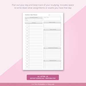 May include: A printable academic daily planner with a gray background and black text. The planner includes sections for scheduling, topics to study, a study checklist, assignments and projects, and quizzes and exams.