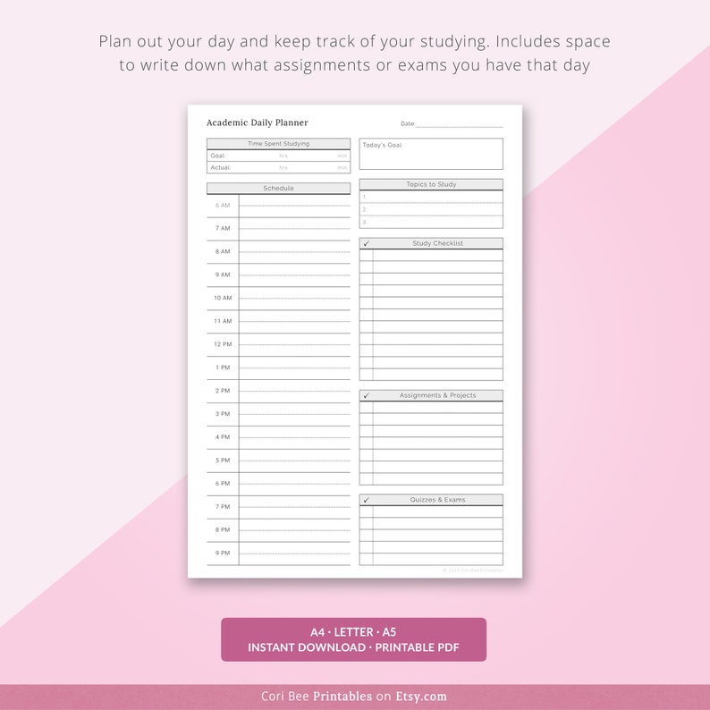 May include: A printable academic daily planner with a gray background and black text. The planner includes sections for scheduling, topics to study, a study checklist, assignments and projects, and quizzes and exams.