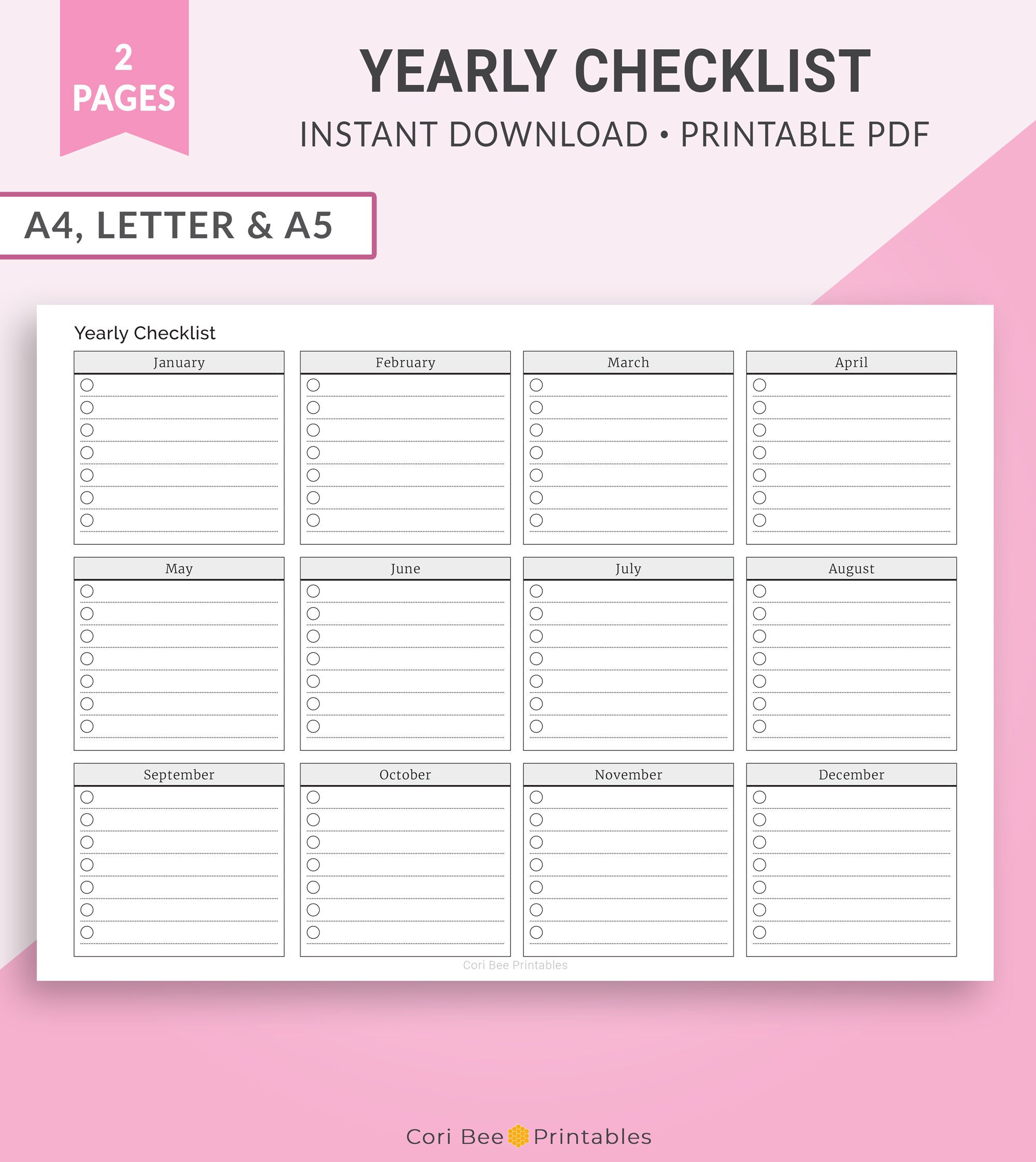 Yearly checklist yearly task checklist yearly to do list etsy