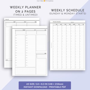 May include: Printable weekly planner and schedule template in black and white. The planner is divided into sections for each day of the week, with space for timed and untimed tasks. The schedule is a grid format with hours listed down the side and days of the week across the top. The planner is A5 size, 5.8 x 8.3 inches.