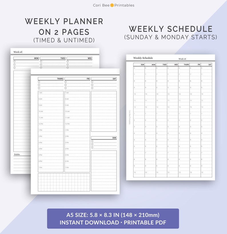 May include: Printable weekly planner and schedule template in black and white. The planner is divided into sections for each day of the week, with space for timed and untimed tasks. The schedule is a grid format with hours listed down the side and days of the week across the top. The planner is A5 size, 5.8 x 8.3 inches.