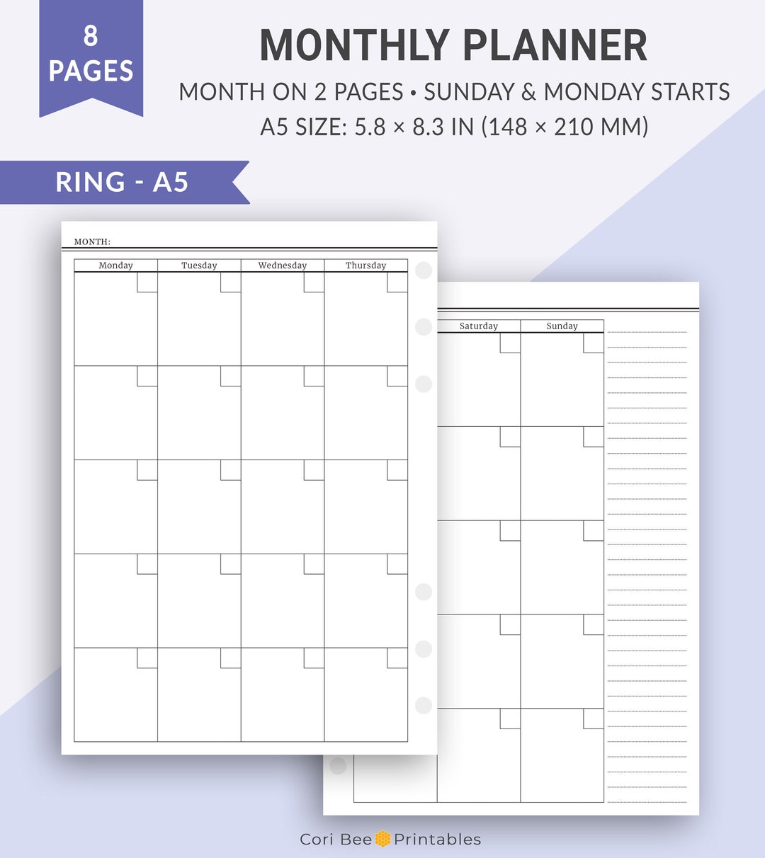 A5 Monthly Planner, Month on 2 Pages, Undated Monthly Printable ...