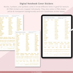 May include: Digital notebook cover stickers in three different fonts with gold foil texture. The stickers include words, numbers, and symbols. The stickers are available in PNG sheets with white and transparent backgrounds.