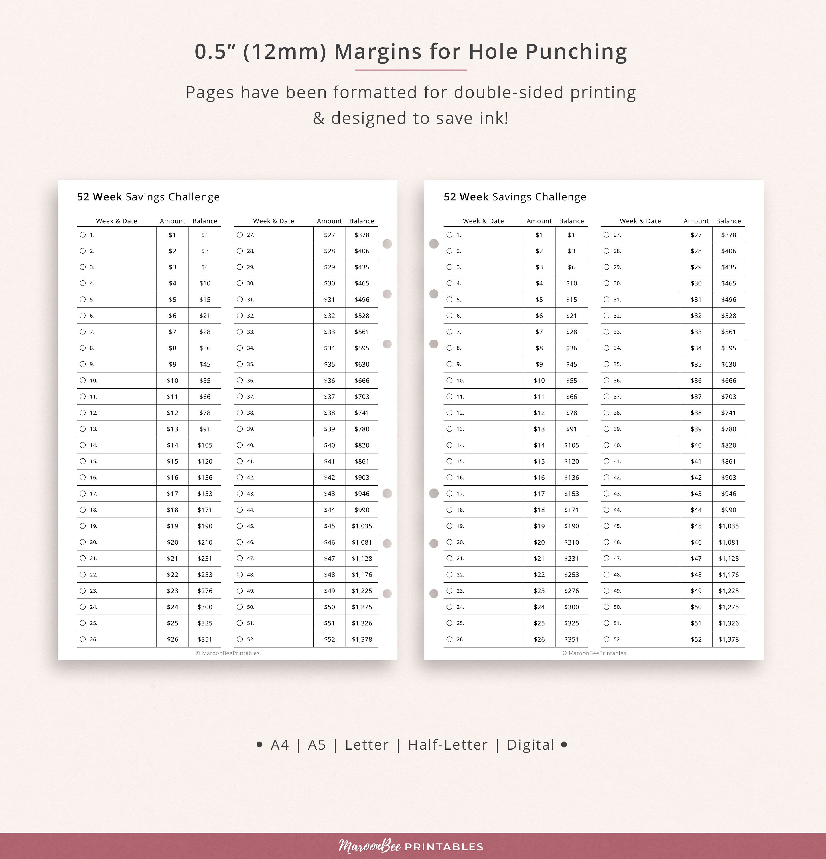 52 Week Savings Challenge Printable Insert, Financial Planner Page ...
