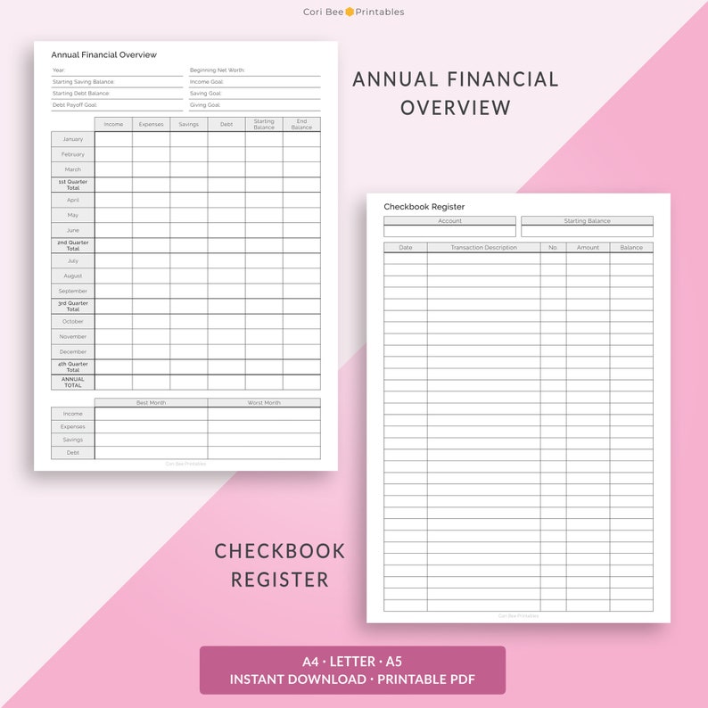 May include: Printable financial overview and checkbook register template. The template includes sections for income, expenses, savings, debt, and a checkbook register with columns for date, transaction description, number, amount, and balance.