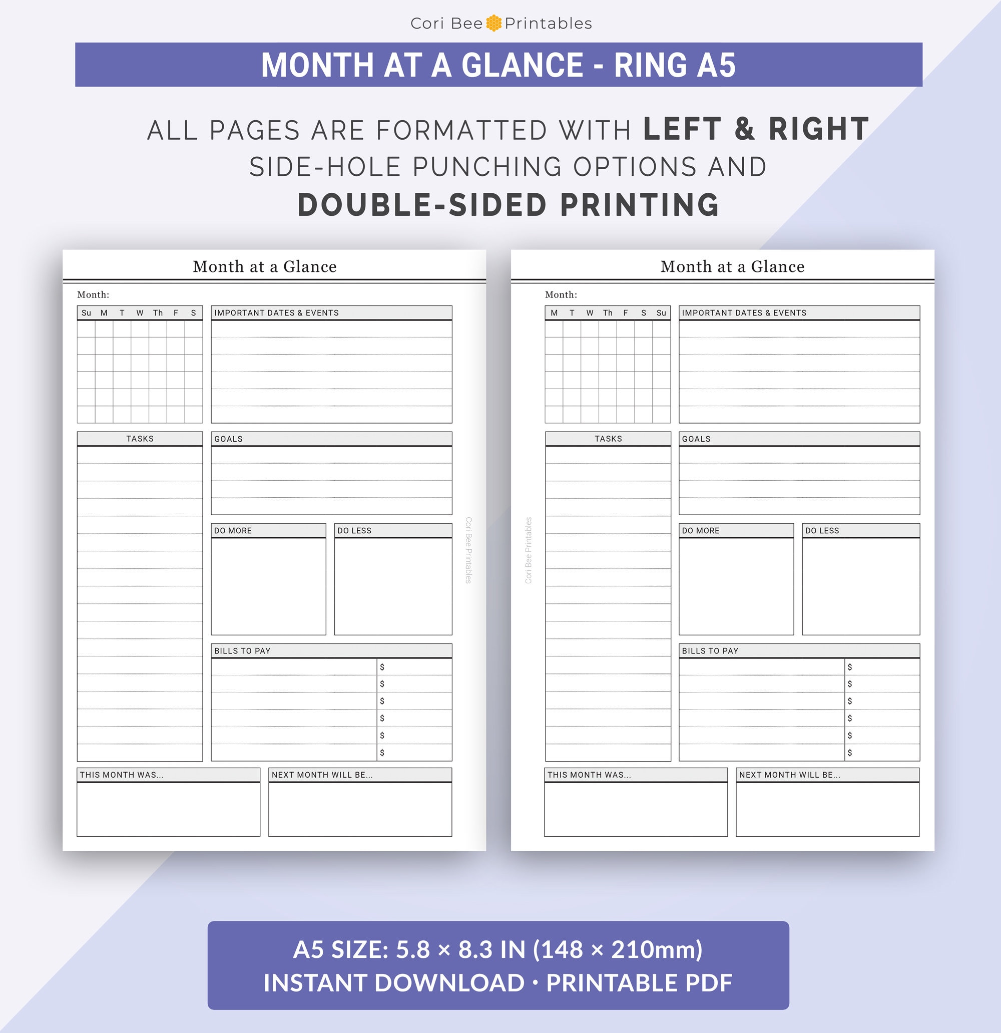 A5 Month at a Glance, Monthly Overview, Undated Monthly Printable ...