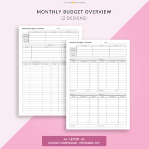 May include: Printable monthly budget overview worksheet with two different designs. The worksheet includes sections for income, expenses, savings, debt, and planned vs. actual spending.