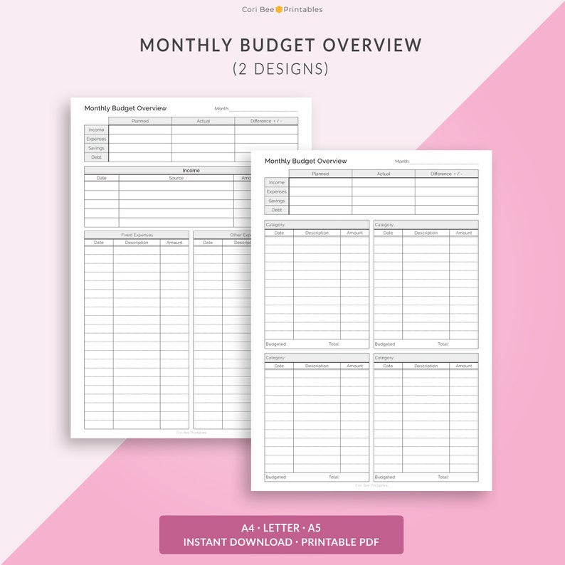 May include: Printable monthly budget overview worksheet with two different designs. The worksheet includes sections for income, expenses, savings, debt, and planned vs. actual spending.
