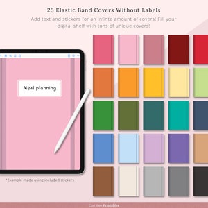 May include: A digital illustration of 25 different colored elastic band covers for notebooks. The covers are all the same size and shape, and they are arranged in a grid. The text "Meal planning" is on one of the covers.
