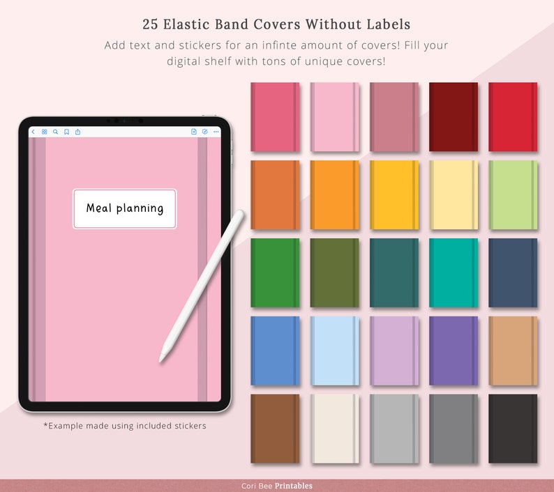 May include: A digital illustration of 25 different colored elastic band covers for notebooks. The covers are all the same size and shape, and they are arranged in a grid. The text "Meal planning" is on one of the covers.