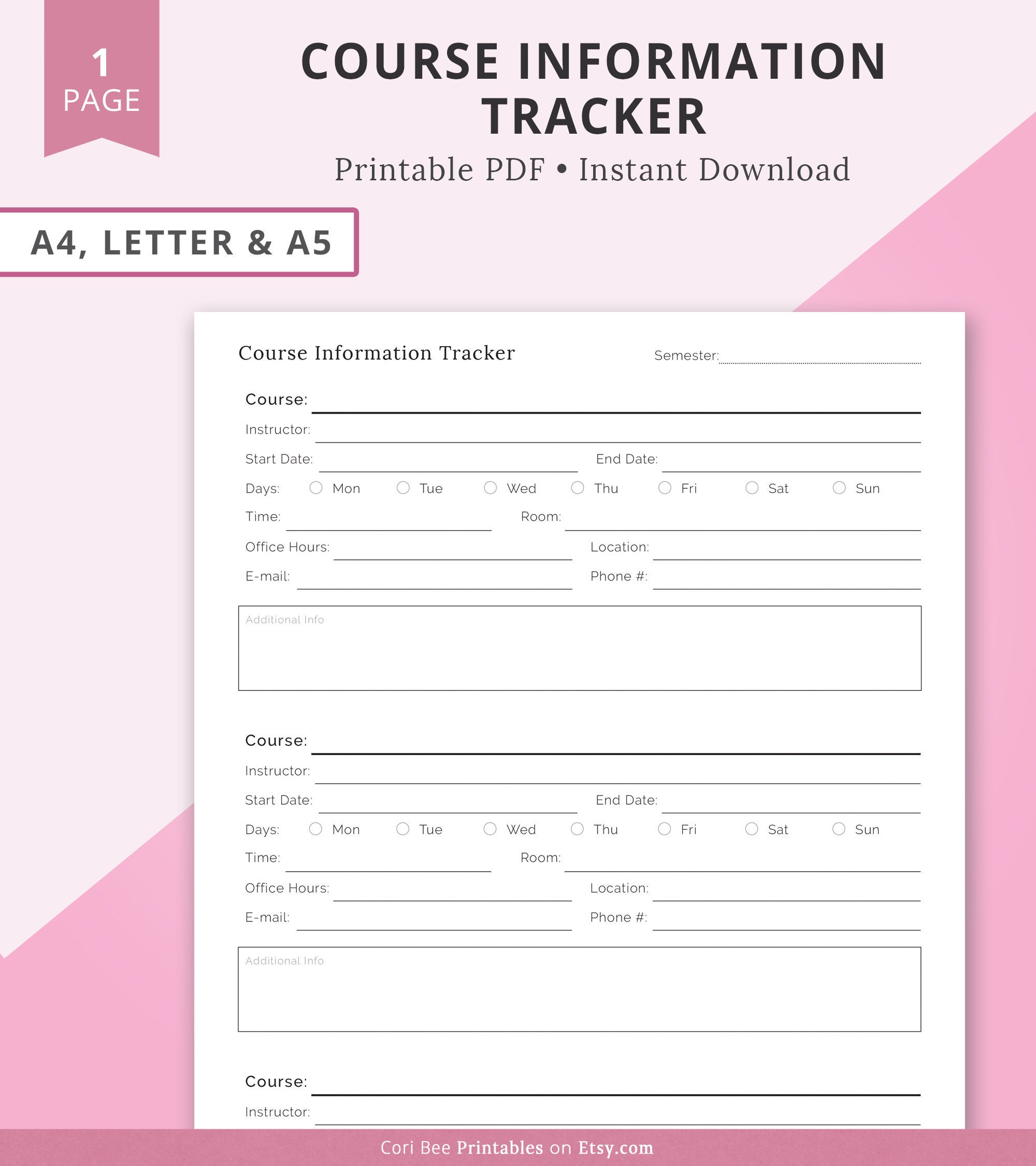 Course Information Tracker, Course Printable, Student Printable Course Information Tracker, Course Printable, Student Printable