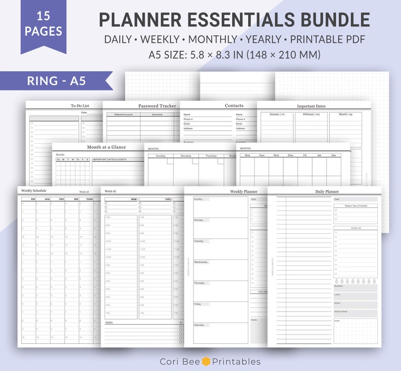 May include: A printable planner bundle with 15 pages in A5 size (5.8 x 8.3 inches). The bundle includes a to-do list, password tracker, contacts page, important dates, monthly at a glance, weekly schedule, weekly planner, and daily planner.