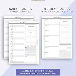 May include: Printable daily and weekly planner templates in black and white. The daily planner has a timed section with hourly slots from 7 AM to 10 PM and an untimed section for notes and to-do lists. The weekly planner has a section for each day of the week with space for weekly priorities, to-do lists, and daily habits. The planners are designed for A5 size paper, which is 5.8 by 8.3 inches.