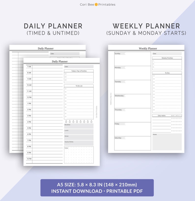 May include: Printable daily and weekly planner templates in black and white. The daily planner has a timed section with hourly slots from 7 AM to 10 PM and an untimed section for notes and to-do lists. The weekly planner has a section for each day of the week with space for weekly priorities, to-do lists, and daily habits. The planners are designed for A5 size paper, which is 5.8 by 8.3 inches.