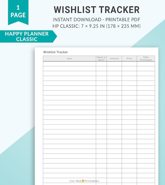 Happy Planner Printable Inserts, Classic Happy Planner Insert, Wishlist Tracker, Shopping Tracker, Wishlist Printable, Wishlist Planner