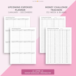 May include: Printable PDF download of a budget planner and money challenge tracker. The planner includes sections for upcoming expenses, a 52-week money saving challenge, and a blank tracker.