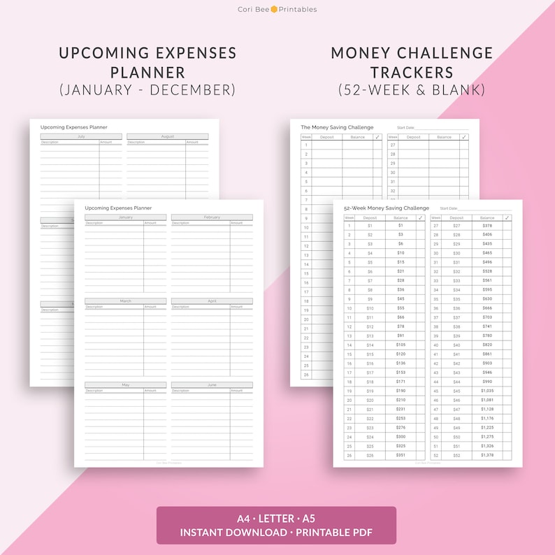 May include: Printable PDF download of a budget planner and money challenge tracker. The planner includes sections for upcoming expenses, a 52-week money saving challenge, and a blank tracker.