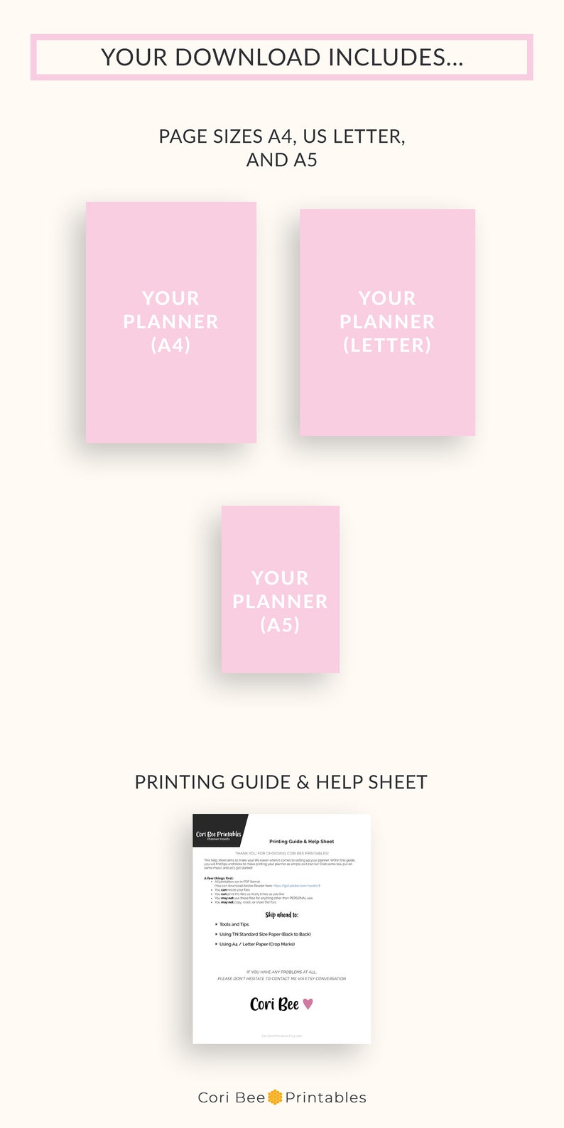 Puede incluir: Un planificador imprimible en tres tama&ntilde;os: A4, US Letter y A5. El planificador es rosa y tiene un contorno blanco. El texto "Your Planner" est&aacute; escrito en blanco en cada tama&ntilde;o. La imagen tambi&eacute;n incluye una hoja de ayuda imprimible con instrucciones sobre c&oacute;mo imprimir el planificador.