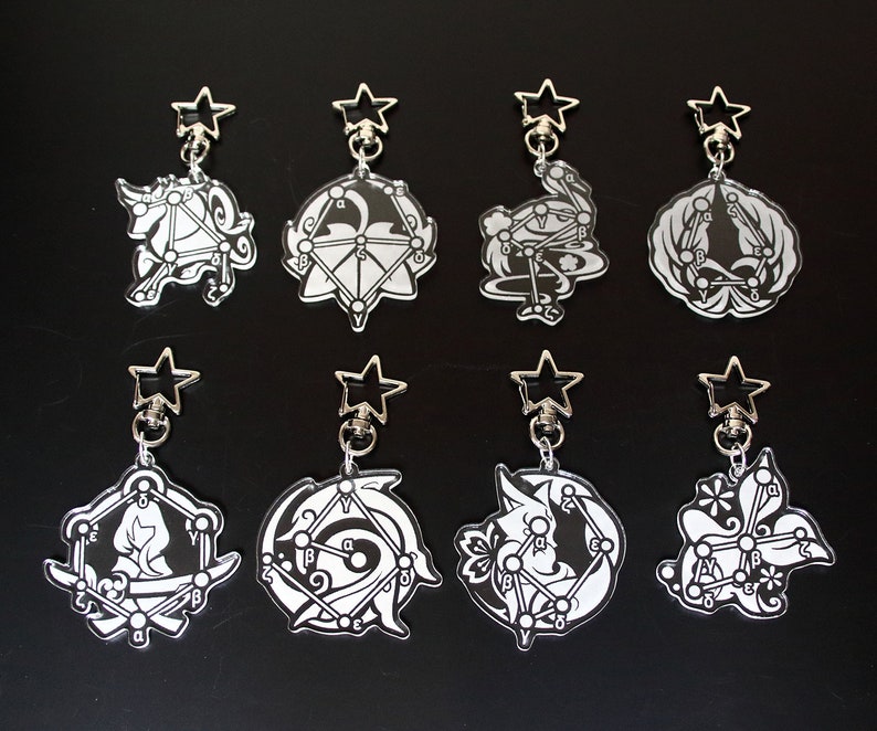 May include: Eight black and white constellation-themed keychains with silver star-shaped charms and silver rings. Each keychain features a different constellation design with letters and symbols.
