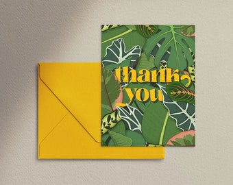 Plant Themed Thank You Card - Any Occasion Thank You Pattern Card - Illustrated Handmade Greeting Cards - Botanical Leaves
