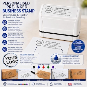May include: A white rectangular pre-inked business stamp with a black accent line. The stamp features a customisable area for a logo, company name, address, phone number, and website. The image displays the stamp and a sample impression on paper.