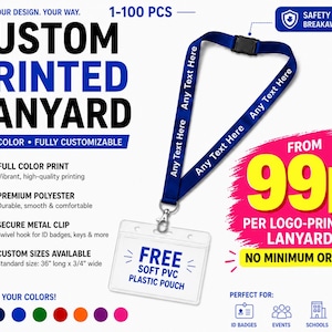 May include: A blue polyester lanyard featuring the repeating white text Any Text Here, equipped with a black safety breakaway clip and a silver metal swivel hook attached to a clear rectangular soft PVC plastic pouch for ID badges.