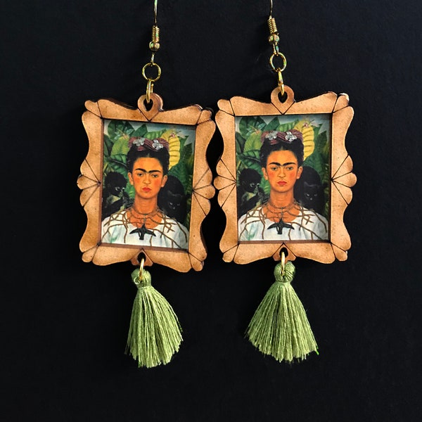 Frida Kahlo earrings, handmade earrings, wooden earrings, earrings with colorful tassels, handmade earrings.