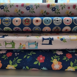 100% Cotton Fabric - Floral Flowers & Sewing Machines