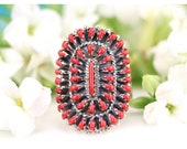 Sterling Silver Southwestern Red Coral Cluster Work Ring - Petit Point Zuni Inspired Jewelry - New Mexico USA - Adjustable Band