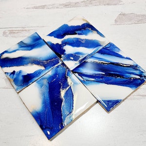 Blue Ceramic Coasters, Modern Abstract Alcohol Ink Coasters, Coaster Set of 4, Alcohol Ink Coasters