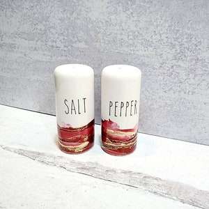 Ceramic Salt Pepper Shakers, Red Farmhouse Salt & Pepper Shakers, Alcohol Ink Salt Pepper Shakers, Handpainted Shakers