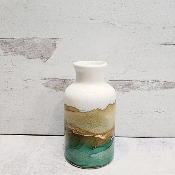 Teal Vase, Neutral Farmhouse Ceramic Vase, Alcohol Ink Handpainted Vase, Modern Vase, 4 inch Vase AVAILABLE