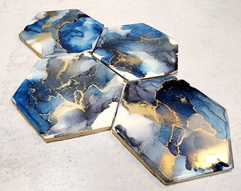 Blue Ceramic Coasters, Alcohol Ink Coasters, Abstract Ceramic Coasters, Drink Coaster Set of 4