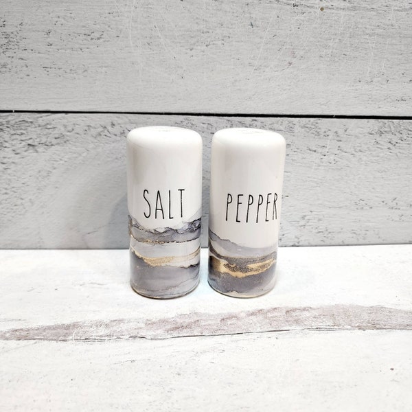 Ceramic Salt Pepper Shakers, Grey Farmhouse Salt & Pepper Shakers, Alcohol Ink Salt Pepper Shakers, Handpainted Shakers