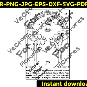 Op de afbeelding: Zwart-wit vectorillustratie van een boog met tekst en symbolen. De boog toont een kroon, sterren en gestileerde bomen. De tekst bevat "Instant download". Geschikt voor digitale projecten.