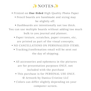 May include: White background with the word "NOTES" in gold script and star accents. Bullet points detail product information, including paper type, handmade sizing, and use of multiple boards in a journal or planner.