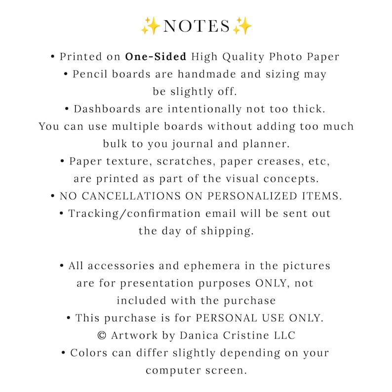 May include: White background with the word "NOTES" in gold script and star accents. Bullet points detail product information, including paper type, handmade sizing, and use of multiple boards in a journal or planner.